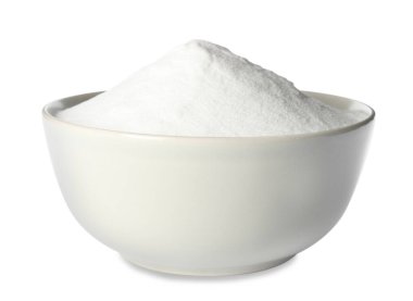 Baking soda in ceramic bowl isolated on white clipart