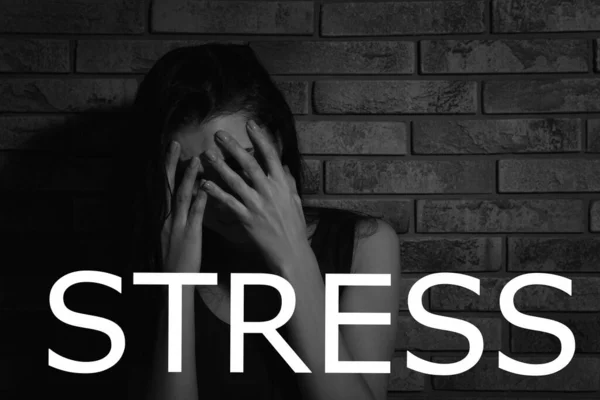 Word Stress Crying Young Woman Brick Wall — Stock Photo, Image