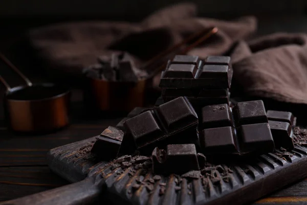 Delicious Dark Chocolate Wooden Board Closeup — Stock Photo, Image