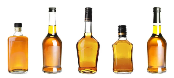 Collage Mit Flaschen Whiskey Auf Weißem Hintergrund Bannerdesign — Stockfoto