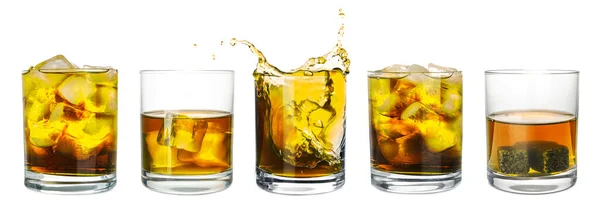 Collage Glasses Whiskey White Background Banner Design — Stock Photo, Image