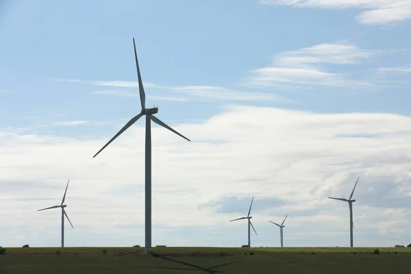 Prachtig Uitzicht Het Veld Met Windturbines Alternatieve Energiebron — Stockfoto