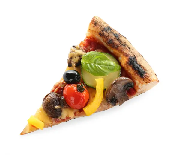 Кусок Вкусной Овощной Пиццы Изолирован Белом Вид Сверху — стоковое фото