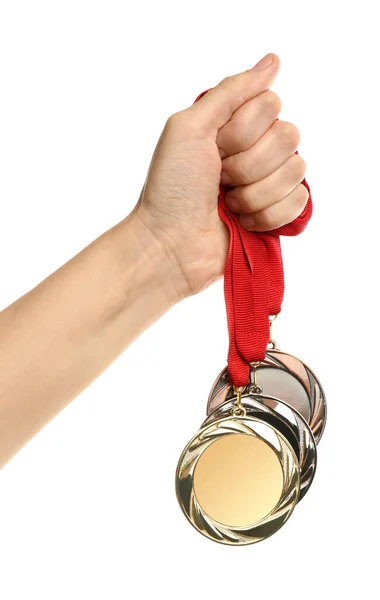 Woman Holding Medals White Background Closeup Space Design — Stock Photo, Image