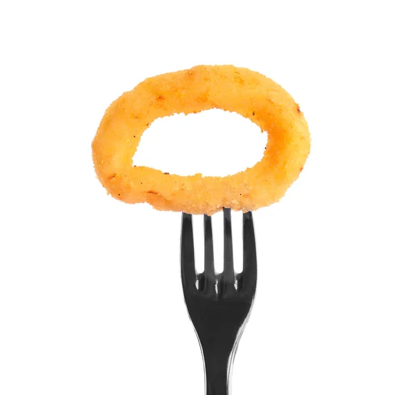 Fork Delicious Onion Ring Isolated White — Stock Photo, Image