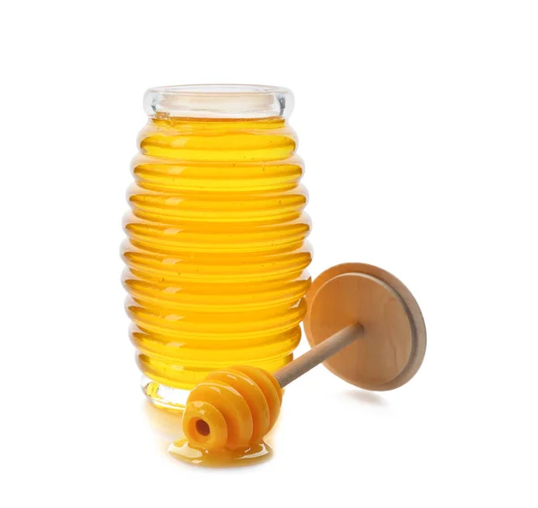Frischer Honig Glas Und Löffel Auf Weißem Hintergrund — Stockfoto