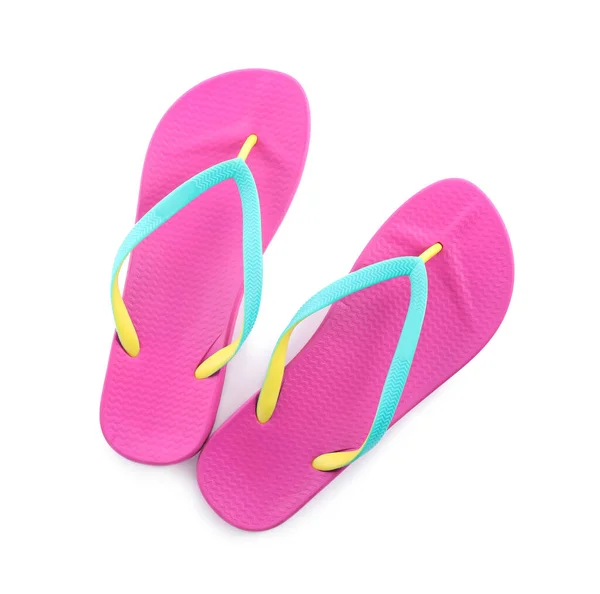 Een Paar Stijlvolle Roze Teenslippers Geïsoleerd Wit Bovenaanzicht Strand Object — Stockfoto