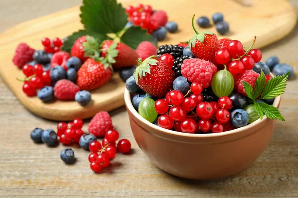 Mix Different Fresh Berries Bowl Wooden Table — Stock Photo, Image