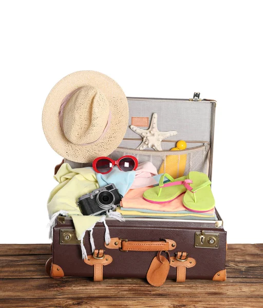 휴가를 물품을 빈티지 가방이 배경과 — 스톡 사진