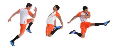 Beyaz arka planda genç futbolcuların fotoğraflarıyla kolaj. Pankart tasarımı