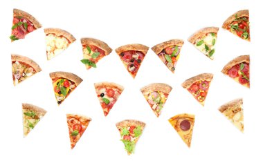 Beyaz arkaplanda farklı pizza dilimleri ile ayarlayın, üst görünüm 