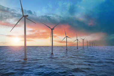 Denize kurulu yüzen rüzgar türbinleri. Alternatif enerji kaynağı 