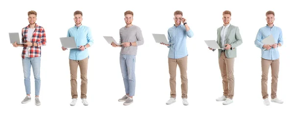 Collage Van Jonge Mannen Met Laptops Een Witte Achtergrond Banner — Stockfoto