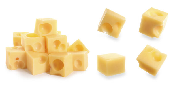 Set of delicious cheese cubes on white background. Banner design