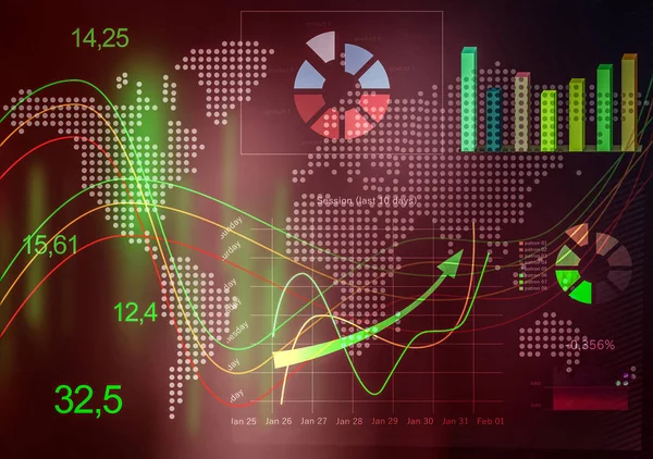 Concepto Comercio Financiero Gráficos Digitales Con Información Estadística Mapa Mundial — Foto de Stock