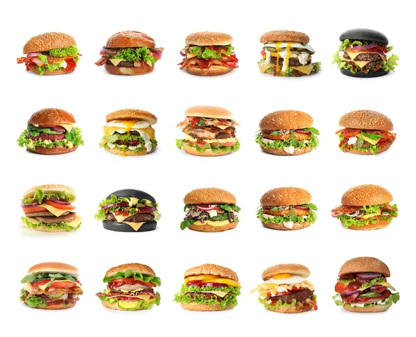 Set Von Verschiedenen Leckeren Burgern Auf Weißem Hintergrund — Stockfoto
