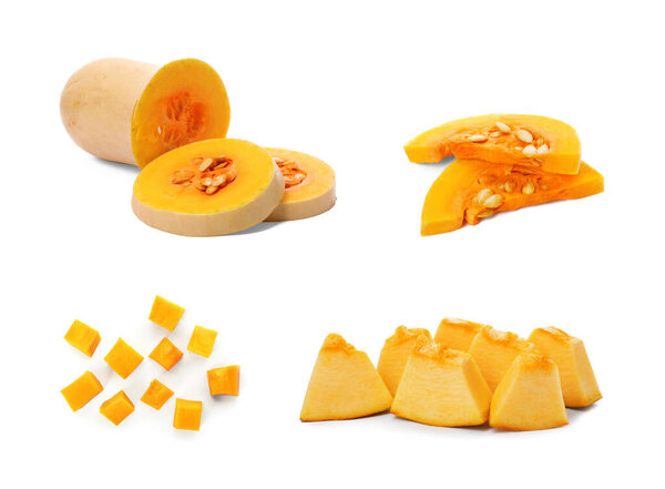 Set with cut fresh pumpkins on white background