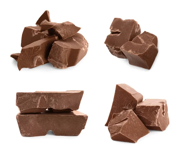 Set Con Trozos Delicioso Chocolate Con Leche Sobre Fondo Blanco —  Fotos de Stock