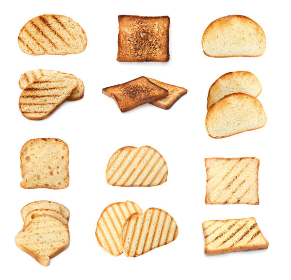 Set of toasted bread slices on white background