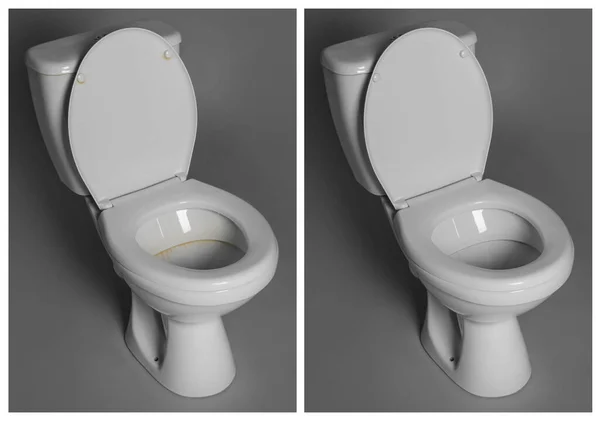 Toilettenschüssel Vor Und Nach Der Reinigung Auf Grauem Hintergrund — Stockfoto