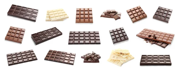 Conjunto Com Diferentes Tipos Barras Chocolate Fundo Branco Design Banner — Fotografia de Stock