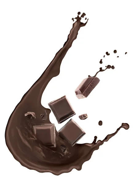 Salpicos Chocolate Gostoso Com Pedaços Caindo Fundo Branco — Fotografia de Stock