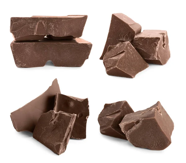 Set Delicious Milk Chocolate Chunks White Background — Stock Photo, Image