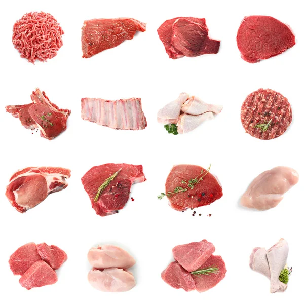 Set Different Raw Meat White Background Top View — Stock Photo, Image