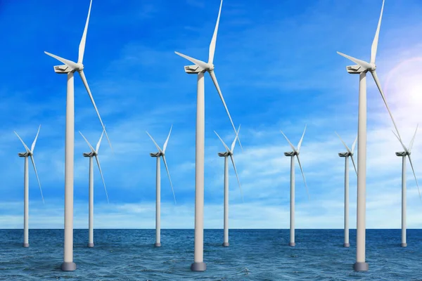 Schwimmende Windkraftanlagen Die Meer Unter Blauem Himmel Installiert Sind Alternative — Stockfoto