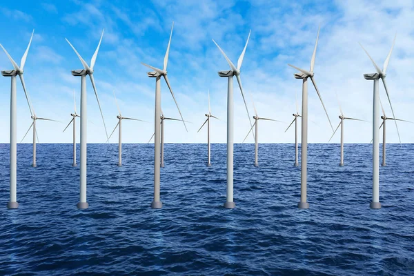 Plovoucí Větrné Turbíny Instalované Moři Pod Modrou Oblohou Alternativní Zdroj — Stock fotografie