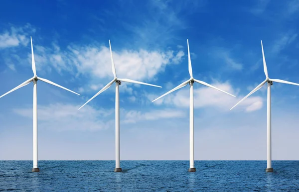 Plovoucí Větrné Turbíny Instalované Moři Pod Modrou Oblohou Alternativní Zdroj — Stock fotografie