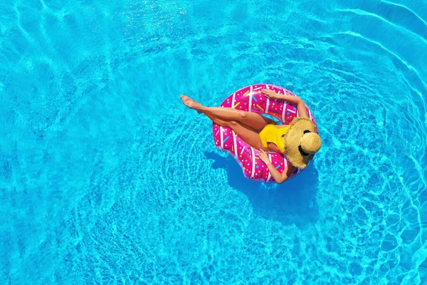 Young Woman Inflatable Ring Swimming Pool Top View — Stock Photo, Image