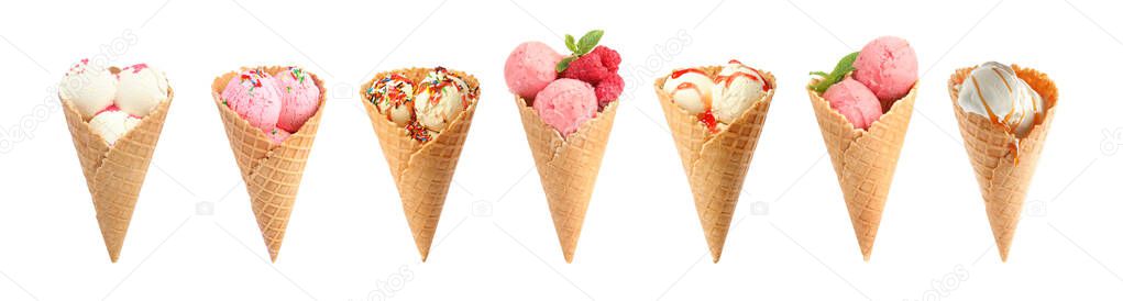 Set of different ice creams in wafer cones on white background. Banner design