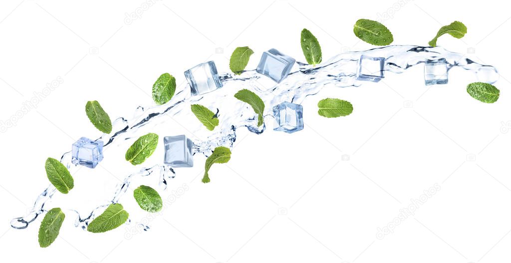 Falling green mint leaves, crystal ice cubes and splash of water on white background. Banner design