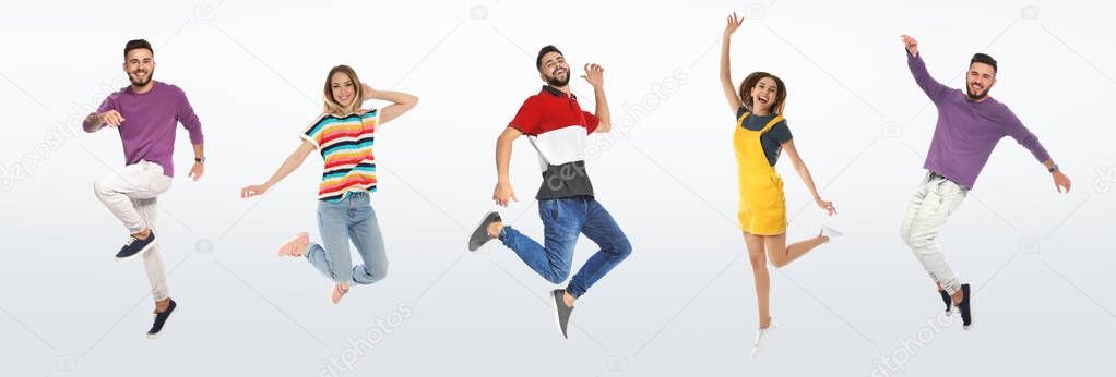 Collage with photos of young people in fashion clothes jumping on white background. Banner design