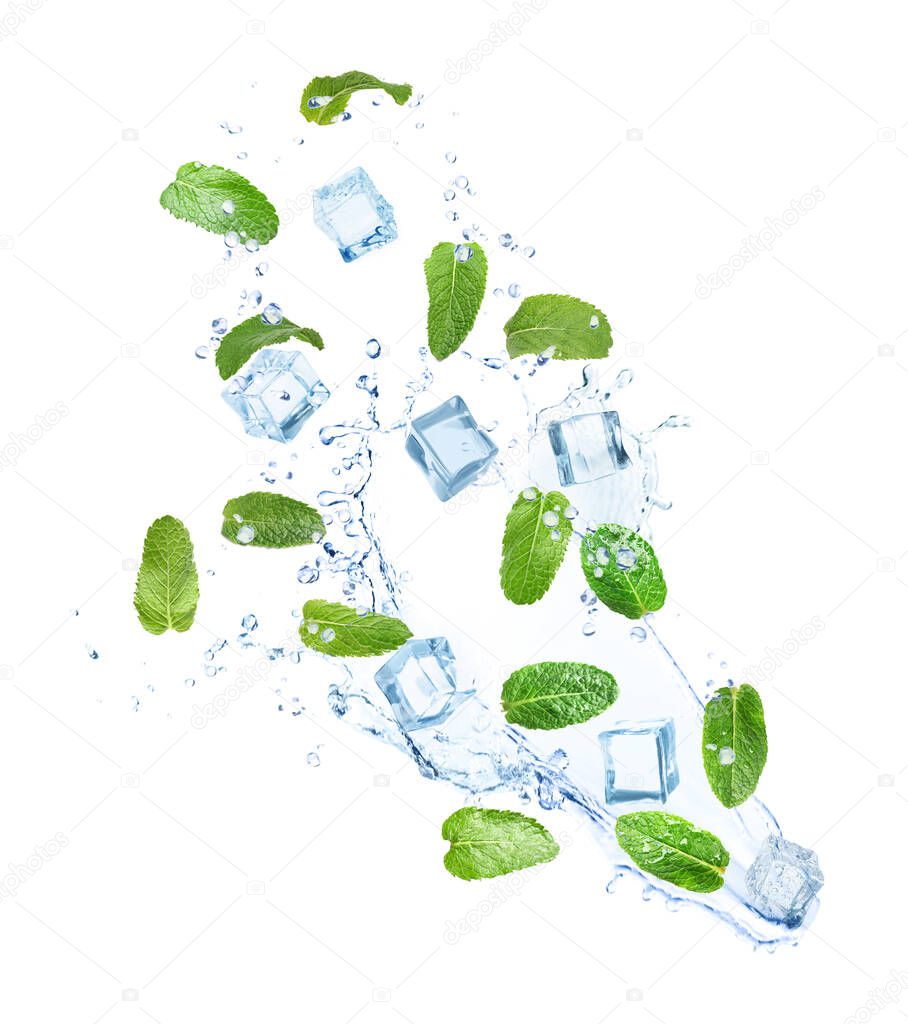 Falling green mint leaves, crystal ice cubes and splash of water on white background