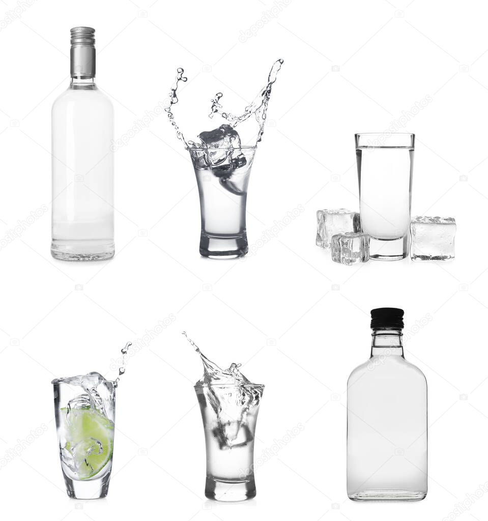 Set with bottles and shots of vodka on white background