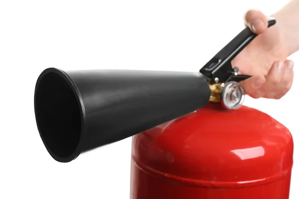 Mujer Con Extintor Incendios Sobre Fondo Blanco Primer Plano — Foto de Stock