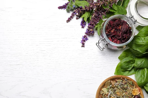 Flat Lay Composition Different Healing Herbs White Wooden Table Space — Stock Photo, Image