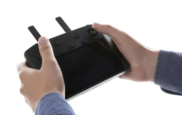 Mann Hält Neuen Modernen Drohnen Controller Auf Weißem Hintergrund Nahaufnahme — Stockfoto