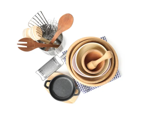Set Different Cooking Utensils Dishes White Background Top View — Stock Photo, Image