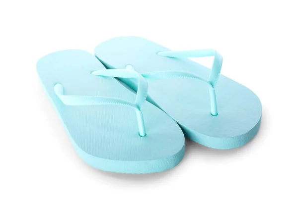 Hellblaue Flip Flops Isoliert Auf Weiß Strandzubehör — Stockfoto