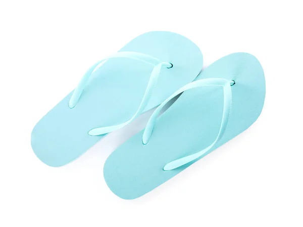 Lichtblauwe Teenslippers Geïsoleerd Wit Strand Accessoire — Stockfoto