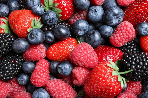 Mix Different Ripe Tasty Berries Background Top View — Stock Photo, Image