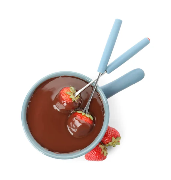 Fondue Pot Med Choklad Och Färska Jordgubbar Isolerade Vit Ovanifrån — Stockfoto
