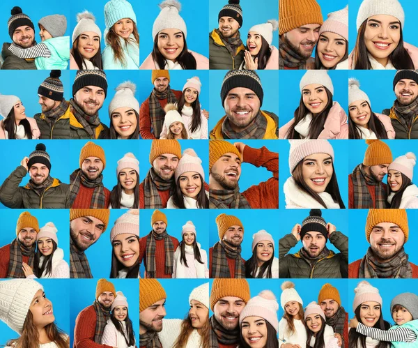 Collage Con Fotos Personas Con Ropa Abrigo Sobre Fondo Azul — Foto de Stock