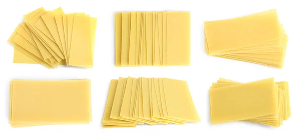 Set Hromadou Nevařených Lasagne Listy Bílém Pozadí Návrh Nápisu — Stock fotografie