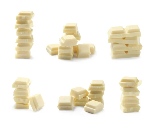 Set Met Stukjes Heerlijke Chocolade Witte Achtergrond — Stockfoto