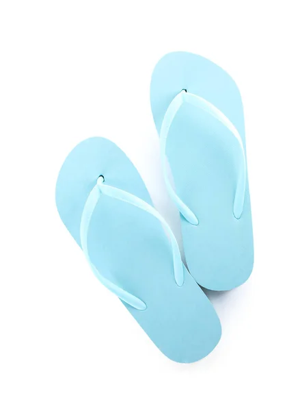 Hellblaue Flip Flops Isoliert Auf Weißem Grund Draufsicht Strandzubehör — Stockfoto