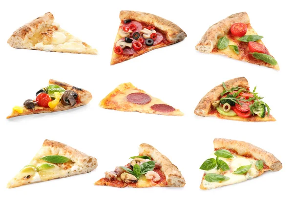 Set Met Plakjes Verschillende Pizza Witte Achtergrond — Stockfoto